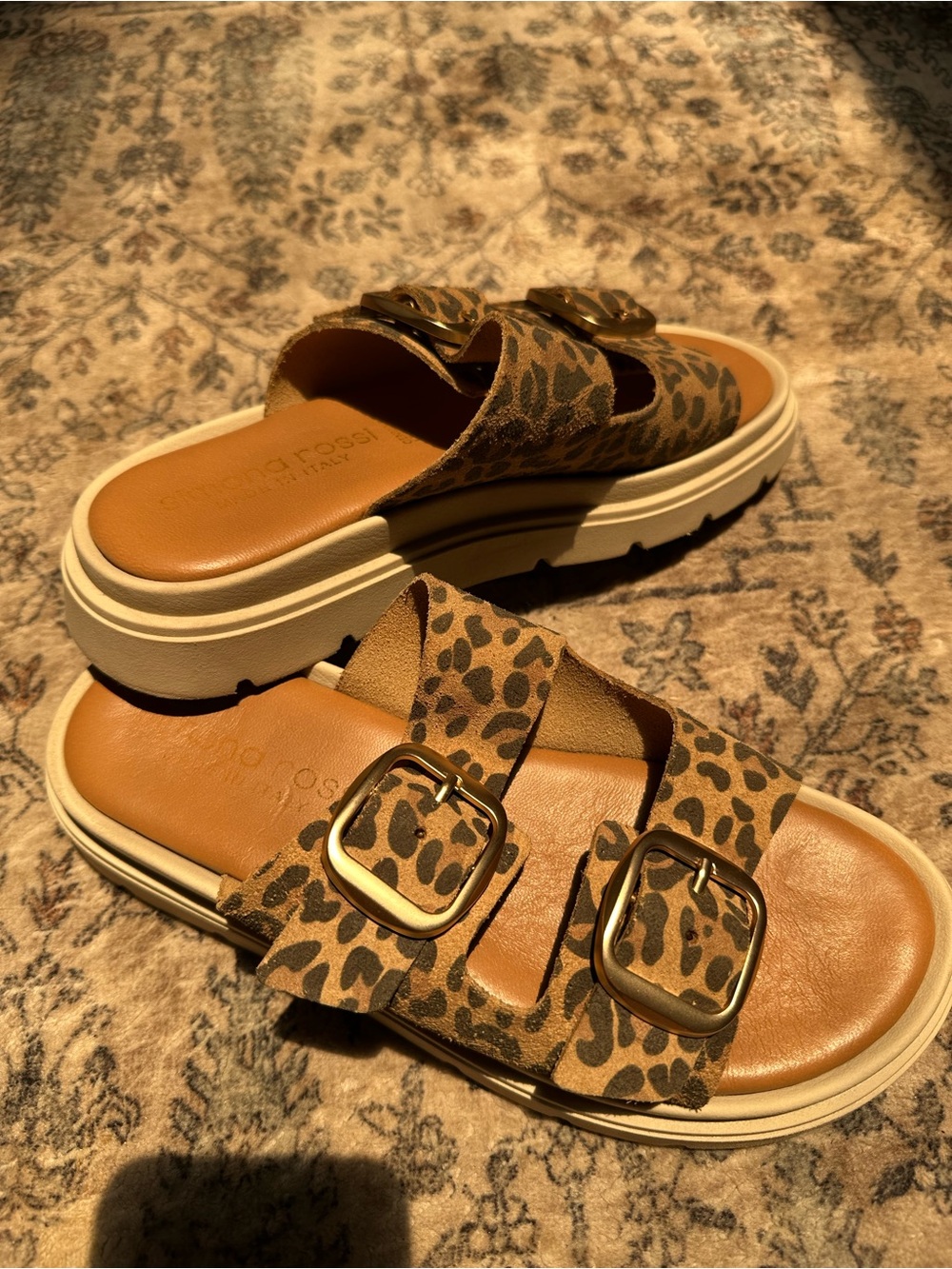 Simona Rossi Leather Leopard Print Double Buckle Platform Slides - Brown/Cream